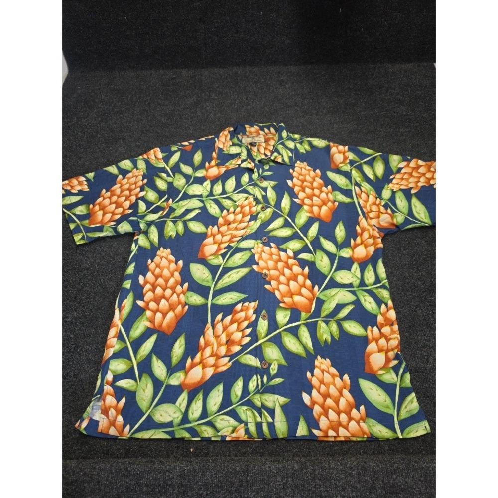Tommy Bahama Mens Medium Silk Camp Shirt Blue Orange Floral Ginger Print